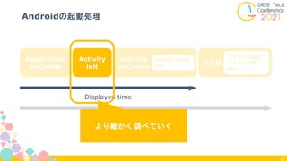 45
Androidの起動処理
Application
onCreate
Activity
init
Activity
onCreate
その他
inflate views
etc
アカウント認証
ログイン処理
etc
Displayed time
Fully Drawn time
より細かく調べていく
 