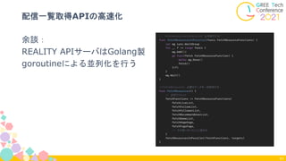 配信一覧取得APIの高速化
61
余談：
REALITY APIサーバはGolang製
goroutineによる並列化を行う
 