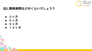 Q1.開発期間はどのくらいでしょう？
● ３ヶ月
● ６ヶ月
● ９ヶ月
● １２ヶ月
 