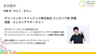 グリーエンターテインメント株式会社 エンジニア部 所属
役職：エンジニアマネージャー
2017年 ファンプレックス株式会社入社
サーバーエンジニアとして、いくつかのネイティブアプリの開発に参加
チーフエンジニアとして、エンジニアのスケジュール調整や育成も経験
現在は運営タイトルのエンジニアマネージャーとして
エンジニアのマネジメントやアサイン調整を担当
自己紹介
加藤 雅（かとう まさし）
 