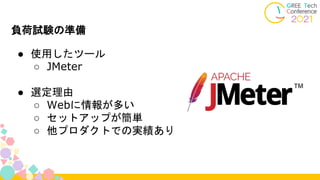 ● 使用したツール
○ JMeter
● 選定理由
○ Webに情報が多い
○ セットアップが簡単
○ 他プロダクトでの実績あり
負荷試験の準備
 