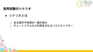 負荷試験のシナリオ
● シナリオとは
○ ある操作や処理の一連の流れ
○ チュートリアルなどの想定されるリクエストフロー
 