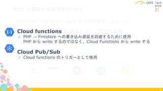 発生した課題と解決方法について
46
• Firestore への write にかかる時間が安定しなかった
• PHP と Firestore を切り離すために、下記を実施
app
サーバ
戦況書き込み
app
サーバ
戦況書き込み
● Cloud functions
○ PHP → Firestore への書き込み遅延を回避するために使用
PHP から write するのではなく、Cloud Functions から write する
● Cloud Pub/Sub
○ Cloud functions のトリガーとして使用
 