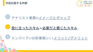 今回お話する内容
アナリスト業務のイメージとギャップ
１
２
３
エンジニアが分析業務を行うメリット/デメリット
役に立ったスキル＋必要だと感じたスキル
 