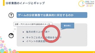 24
分析業務のイメージとギャップ
ゲームの分析業務では具体的に何をするのか
● 毎月の売り上げ予測？
● キャラごとの人気の理由を分析？
● イベントの満足度の分析？
分析・アナリストに対する自分のイメージ
部分的に
 