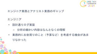 エンジニア業務とアナリスト業務のギャップ
エンジニア
• 設計通りログ実装
• 分析の細かい内容はなんとなくの理解
• 業務的にお金周りのこと（予算など）を考慮する機会があま
りなかった
 