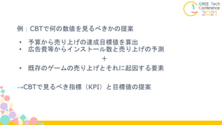 例：CBTで何の数値を見るべきかの提案
• 予算から売り上げの達成目標値を算出
• 広告費等からインストール数と売り上げの予測
＋
• 既存のゲームの売り上げとそれに起因する要素
→CBTで見るべき指標（KPI）と目標値の提案
 