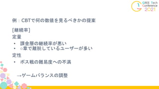 例：CBTで何の数値を見るべきかの提案
[継続率]
定量
• 課金層の継続率が悪い
• ○章で離脱しているユーザーが多い
定性
• ボス戦の難易度への不満
→ゲームバランスの調整
 