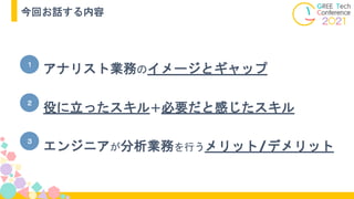 アナリスト業務のイメージとギャップ
１
２
３
エンジニアが分析業務を行うメリット/デメリット
役に立ったスキル＋必要だと感じたスキル
今回お話する内容
 