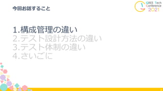 5
今回お話すること
1.構成管理の違い
2.テスト設計方法の違い
3.テスト体制の違い
4.さいごに
 