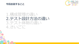9
今回お話すること
1.構成管理の違い
2.テスト設計方法の違い
3.テスト体制の違い
4.さいごに
 