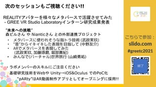 次のセッションもご視聴ください!!
REALITYアバターを様々なメタバースで活躍させてみた
- GREE VR Studio Laboratoryインターン研究成果発表
”未来への挑戦”
森ビルさん や Nianticさん との外部連携プロジェクト
• メタバースに使われそうな指トラ技術 (武政実玖)
• “音”からイキイキした表現を目指して (中野友介)
• ARでメタバースを表現してみた
(武政実玖, 加藤琢磨, 堀部貴紀)
• みんなで(バーチャル)世界旅行 (山崎勇祐)
・ラボメンバーのスキルにご注目ください
基礎研究技術をWebや Unity→iOS&Oculus でのPoC化
“pARty”はAR動画制作アプリとしてオープニングに採用!!
 