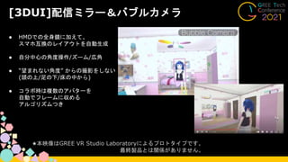 [3DUI]配信ミラー＆バブルカメラ
● HMDでの全身鏡に加えて、
スマホ互換のレイアウトを自動生成
● 自分中心の角度操作/ズーム/広角
● “望まれない角度” からの撮影をしない
(頭の上/足の下/床の中から)
● コラボ時は複数のアバターを
自動でフレームに収める
アルゴリズムつき
★本映像はGREE VR Studio Laboratoryによるプロトタイプです。
最終製品とは関係がありません。
 
