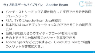 29
ライブ配信データパイプライン - Apache Beam
● バッチ・ストリーミング処理を統合して実行できる分散処理
フレームワーク
● REALITYではApache Beam Javaを使用
● 基本的にはJavaアプリケーションなの...