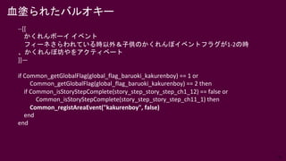 34
血塗られたバルオキー
--[[
かくれんボーイ イベント
フィーネさらわれている時以外＆子供のかくれんぼイベントフラグが1-2の時
、かくれんぼ坊やをアクティベート
]]—
if Common_getGlobalFlag(global_flag_baruoki_kakurenboy) == 1 or
Common_getGlobalFlag(global_flag_baruoki_kakurenboy) == 2 then
if Common_isStoryStepComplete(story_step_story_step_ch1_12) == false or
Common_isStoryStepComplete(story_step_story_step_ch11_1) then
Common_registAreaEvent("kakurenboy", false)
end
end
 
