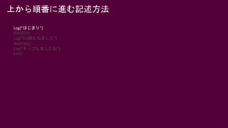45
上から順番に進む記述方法
Log(“はじまり”)
Wait(0.5)
Log(“0.5秒たちました”)
WaitTap()
Log(“タップしましたね”)
Exit()
 