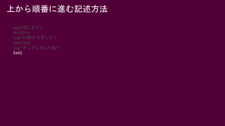 50
上から順番に進む記述方法
Log(“はじまり”)
Wait(0.5)
Log(“0.5秒たちました”)
WaitTap()
Log(“タップしましたね”)
Exit()
 
