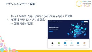 • モバイル版は App Center (元HockeyApp) を使用
• PC版は Win32アプリ非対応
→ 別途対応が必要
クラッシュレポート収集
24
 