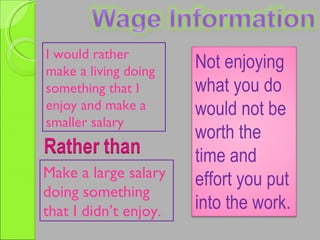 I would rather make a living doing something that I enjoy and make a smaller salary  Make a large salary doing something that I didn’t enjoy. Not enjoying what you do would not be worth the time and effort you put into the work. 