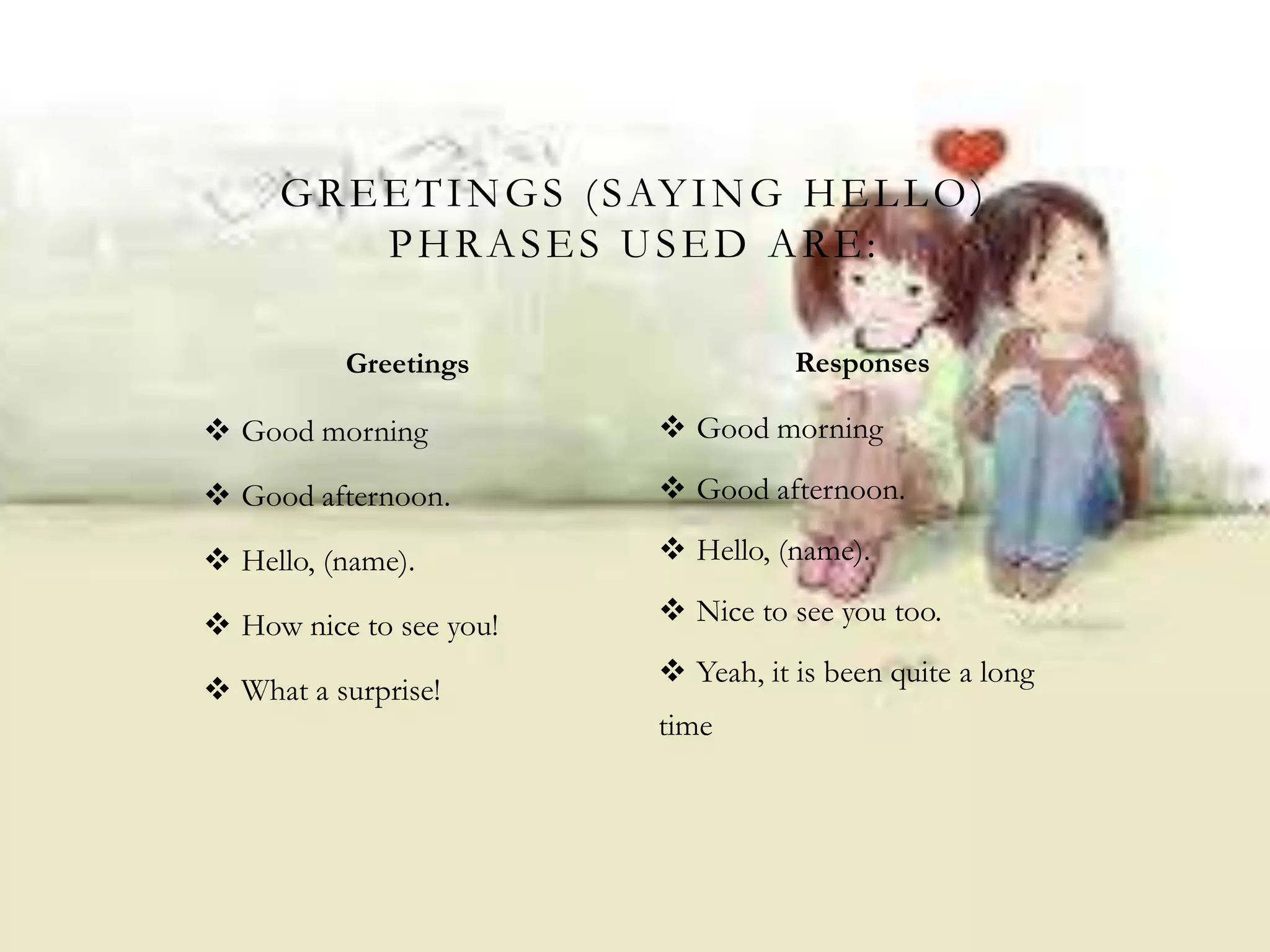  Good morning
 Good afternoon.
 Hello, (name).
 How nice to see you!
 What a surprise!
 Good morning
 Good afternoon.
 Hello, (name).
 Nice to see you too.
 Yeah, it is been quite a long
time
GREETINGS (SAYING HELLO)
PHRASES USED ARE:
Greetings Responses
 