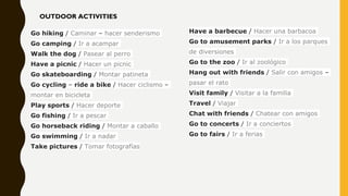 Have a barbecue / Hacer una barbacoa
Go to amusement parks / Ir a los parques
de diversiones
Go to the zoo / Ir al zoológico
Hang out with friends / Salir con amigos –
pasar el rato
Visit family / Visitar a la familia
Travel / Viajar
Chat with friends / Chatear con amigos
Go to concerts / Ir a conciertos
Go to fairs / Ir a ferias
Go hiking / Caminar – hacer senderismo
Go camping / Ir a acampar
Walk the dog / Pasear al perro
Have a picnic / Hacer un picnic
Go skateboarding / Montar patineta
Go cycling – ride a bike / Hacer ciclismo –
montar en bicicleta
Play sports / Hacer deporte
Go fishing / Ir a pescar
Go horseback riding / Montar a caballo
Go swimming / Ir a nadar
Take pictures / Tomar fotografías
OUTDOOR ACTIVITIES
 