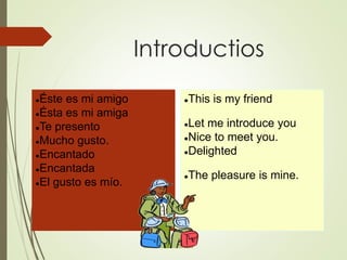 Introductios
●Éste es mi amigo
●Ésta es mi amiga
●Te presento
●Mucho gusto.
●Encantado
●Encantada
●El gusto es mío.
●This is my friend
●Let me introduce you
●Nice to meet you.
●Delighted
●The pleasure is mine.
 