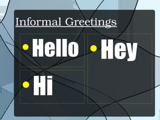 Informal Greetings

Hello

Hi

Hey
 