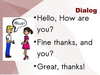 Dialog

Hello, How are
you?

Fine thanks, and
you?

Great, thanks!
 