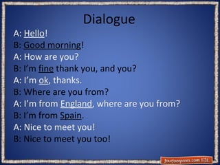 Dialogue

A: Hello!
B: Good morning!
A: How are you?
B: I’m fine thank you, and you?
A: I’m ok, thanks.
B: Where are you from?
A: I’m from England, where are you from?
B: I’m from Spain.
A: Nice to meet you!
B: Nice to meet you too!

 