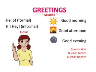 Hello! (formal)
Hi! Hey! (informal)
Hola!
Good morning
Good afternoon
Good evening
Buenos días
Buenas tardes
Buenas noches
Saludos
 