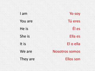 I am
You are
He is
She is
It is
We are
They are
Yo soy
Tú eres
Él es
Ella es
El o ella
Nosotros somos
Ellos son
 
