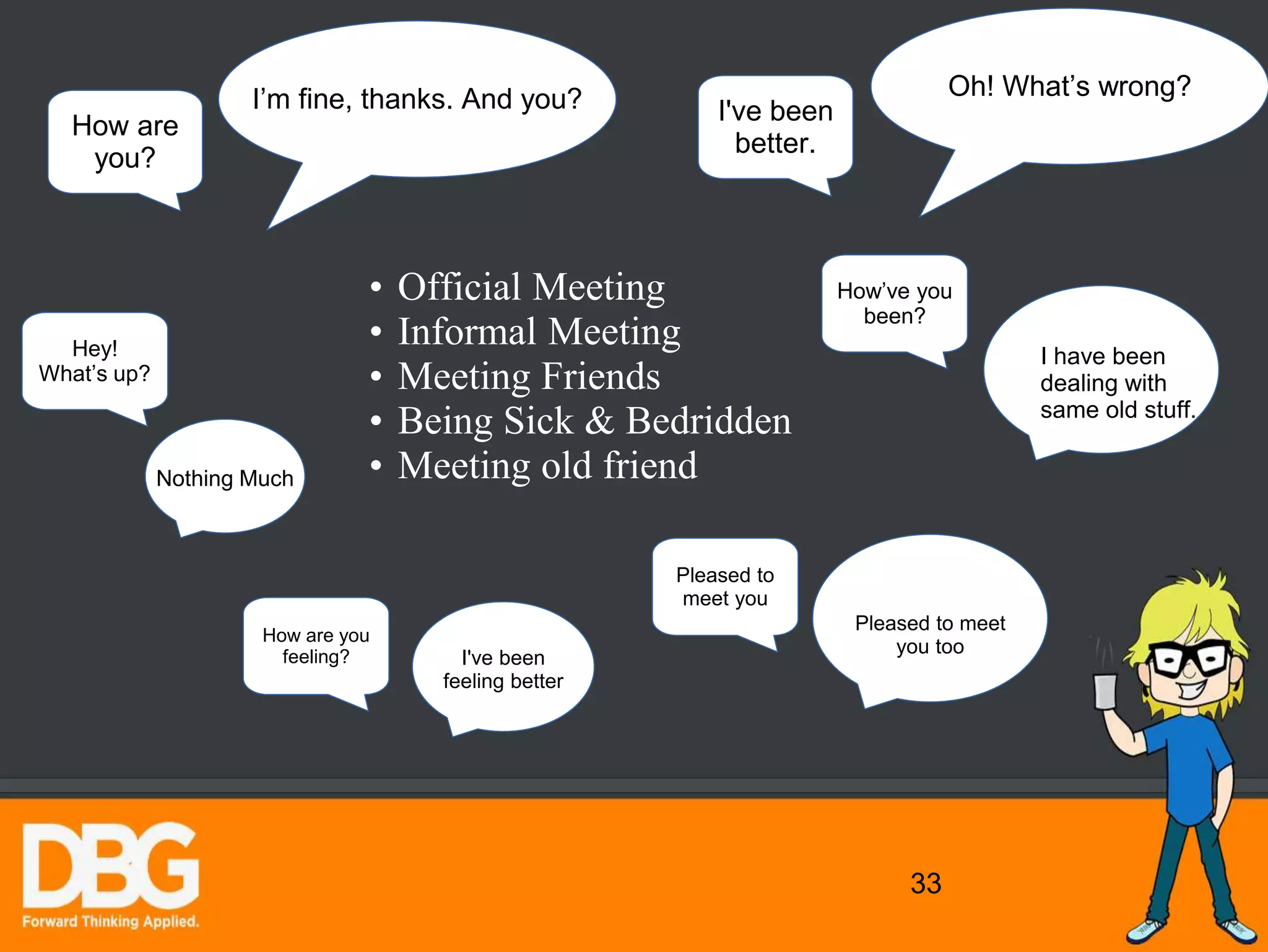 33
• Official Meeting
• Informal Meeting
• Meeting Friends
• Being Sick & Bedridden
• Meeting old friend
I’m fine, thanks. And you?
How are
you?
Hey!
What’s up?
Nothing Much
I've been
better.
Oh! What’s wrong?
How’ve you
been?
I have been
dealing with
same old stuff.
How are you
feeling? I've been
feeling better
Pleased to
meet you
Pleased to meet
you too
 