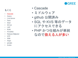 Copyright © GREE, Inc. All Rights Reserved. 
もくじ 
• Cascade 
• ミドルウェア 
• github 公開済み 
• SQL やKVS 等のデータ 
にアクセスできる 
• PHP かつ仕組みが単純 
なので扱える人が多い 
• Cascade 
• Awacs 
• (1st) Server 
• Flare 
• Skail 
• SH bot 
• LWF 
• RUM 
• PrimDNS 
• Release M@aster 
• GTP 
• SDB 
• Aegis 
• ganglia 
• Andes 
 