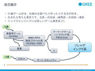 Copyright © GREE, Inc. All Rights Reserved. 
自己紹介 
• 31歳ゲーム好き。仕組みを調べたり作ったりする方が好き。 
• 生まれも育ちも東京です。北区→渋谷区→練馬区→大田区→港区 
• インフラエンジニアには珍しいゲーム業界系(?) 
家庭用ゲーム 
GC/PS2 
家業 
MMO-RPG 
独自プロトコル系 
PC/PS2～PSP 
アーケードゲーム 
ハードウェア系 
PS3/Linux 
ソシャゲ 
インフラ系 
? 
18歳 
10歳 
C/C++ 
チート・セキュリティ 
ｔ 
 