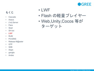 Copyright © GREE, Inc. All Rights Reserved. 
もくじ 
• LWF 
• Flash の軽量プレイヤー 
• Web,Unity,Cocos 等が 
ターゲット 
• Cascade 
• Awacs 
• (1st) Server 
• Flare 
• Skail 
• SH bot 
• LWF 
• RUM 
• PrimDNS 
• Release M@aster 
• GTP 
• SDB 
• Aegis 
• ganglia 
• Andes 
 