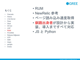 Copyright © GREE, Inc. All Rights Reserved. 
もくじ 
• RUM 
• NewRelic 参考 
• ページ読み込み速度取得 
• 釧路出身者が設計から実 
装、導入まですべて対応 
• JS とPython 
• Cascade 
• Awacs 
• (1st) Server 
• Flare 
• Skail 
• SH bot 
• LWF 
• RUM 
• PrimDNS 
• Release M@aster 
• GTP 
• SDB 
• Aegis 
• ganglia 
• Andes 
 