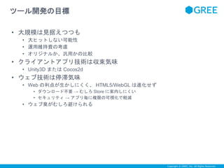 Copyright © GREE, Inc. All Rights Reserved. 
ツール開発の目標 
• 大規模は見据えつつも 
• 大ヒットしない可能性 
• 運用維持費の考慮 
• オリジナルか、汎用かの比較 
• クライアントアプリ技術は収束気味 
• Unity3D またはCocos2d 
• ウェブ技術は停滞気味 
• Web の利点が生かしにくく、HTML5/WebGL は進化せず 
• ダウンロード不要→ むしろStore に案内しにくい 
• セキュリティ→ アプリ毎に権限の可視化で軽減 
• ウェブ臭がむしろ避けられる 
 