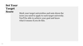 Mark your target universities and note down the
score you need to apply to each target university.
You’ll be able to achieve your goal and know
what it means if you do this.
15
Set Your
Target
Score
 