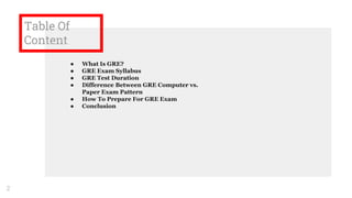 Table Of
Content
● What Is GRE?
● GRE Exam Syllabus
● GRE Test Duration
● Difference Between GRE Computer vs.
Paper Exam Pattern
● How To Prepare For GRE Exam
● Conclusion
2
 