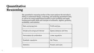 The quantitative reasoning section of the exam analyzes the test taker’s
ability to understand things, evaluating, and analyzing quantitative data,
as well as for using mathematical models to solve problems and apply
fundamental maths skills and concepts of arithmetic, algebra, geometry,
probability, and statistics.
9
Quantitative
Reasoning
Ratio and proportion Profit and loss
Simple and compound interest Speed, distance and time
Permutation & combination Linear equations
Quadratic equations Set Theory
Statistics Powers and roots
 