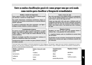 Entre as muitas classificações possíveis vamos propor uma que será usada
            como roteiro para classificar a listagem de termodinâmica
                 Medida e controle de temperatura                                                    Fontes e trocas de calor
 Somos capazes de sentir o calor porque temos receptores na pele                Que o Sol é uma fonte de calor ninguém duvida. E os combustíveis?
 que detectam o aumento de energia térmica.                                     E nós, será que também podemos nos considerar uma fonte de
                                                                                calor? Como o calor do Sol chega até nós?
 Para medir temperaturas construímos termômetros clínicos ou
 industriais que se baseiam na propriedade de os materiais dilatarem            Sempre que algo puder ceder calor para a vizinhança pode ser
 quando aquecidos.                                                              considerado uma fonte de calor. Às vezes, entretanto, precisamos
                                                                                impedir as trocas de calor que ocorrem de várias maneiras. O
 O controle de temperatura feito pelos termostatos, que ligam e                 isopor, entre muitos outros, é um material que evita a condução
 desligam circuitos, também se baseia na dilatação.                             do calor.

                      Transformações térmicas                                                           Máquinas térmicas
 Na natureza encontramos água em grande quantidade: no estado                   Identificar um motor do carro como uma máquina térmica é
 líquido, como sólido nas geleiras polares e como gás na atmosfera.             habitual. Mas, e uma geladeira? Ela resfria alimentos.
 O gelo, a água e o vapor de água são estados diferentes de uma
                                                                                E o organismo humano, pode ser classificado da mesma forma
 mesma substância.
                                                                                que um motor?
 Utilizando tecnologias específicas nós provocamos mudanças de
                                                                                Os princípios em que se baseiam o funcionamento das máquinas
 estado nas substâncias sempre que necessário.
                                                                                térmicas são os mesmos que regem os fenômenos naturais; eles
 Transformações térmicas exercidas nos gases produzem variações                 são universais.
 de volume e pressão.

É claro que muitas coisas podem ou não estar presentes em várias categorias. Por exemplo, a água serve para controlar a temperatura no motor a
explosão, troca calor com a vizinhança, muda de fase e é a substância usada na turbina a vapor. A madeira, utilizada como isolante e combustível, se
encontra na coluna de fontes e trocas de calor.
 Medida e controle de                        Fontes e trocas de calor                   Transformações                   Máquinas térmicas
 temperatura                                 Sol                                        térmicas
 forno                                                                                  motor
                                             madeira                                                                     geladeira
 termômetro                                                                             água
                                             convecção                                                                   motor
 radiação                                                                               gases




                                                                                                                                                       7
                                             isopor                                                                      turbina a vapor...
 água...                                                                                panela de pressão...
                                             água...
 