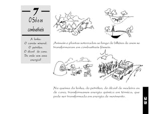 7
   O Sol e os
  combustíveis
    A lenha.
O carvão mineral.   Animais e plantas soterrados ao longo de bilhões de anos se
   O petróleo.      transformaram em combustíveis fósseis.
O álcool de cana.
De onde vem essa
    energia?




                    Na queima da lenha, do petróleo, do álcool de madeira ou
                    de cana, transformamos energia química em térmica, que
                    pode ser transformada em energia de movimento.




                                                                                  25
 