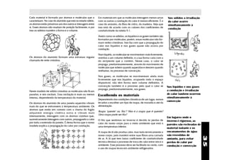 Cada material é formado por átomos e moléculas que o           Em materiais em que as moléculas interagem menos umas        Nos sólidos a irradiação
caracterizam. No caso do alumínio que está no estado sólido,   com as outras a condução do calor é menos eficiente. É o     do calor ocorre
os átomos estão próximos uns dos outros e interagem entre      caso do amianto, da fibra de vidro, da madeira. Veja que     simultaneamente à
si. Esses átomos não mudam de posição facilmente, e por        isso está de acordo com os valores dos coeficientes de       condução
isso os sólidos mantêm a forma e o volume.                     condutividade da tabela 9.1.

                                                               Assim como os sólidos, os líquidos e os gases também são
                                                               formados por moléculas; porém, essas moléculas não for-
                                                               mam redes cristalinas. Isso faz com que a propagação do
                                                               calor nos líquidos e nos gases quase não ocorra por
                                                               condução.

                                                               Num líquido, as moléculas se movimentam mais livremente,
Os átomos do alumínio formam uma estrutura regular             restritas a um volume definido, e a sua forma varia com a
chamada de rede cristalina.                                    do recipiente que o contém. Nesse caso, o calor se
                                                               propaga, predominantemente, através do movimento de
                                                               moléculas que sobem quando aquecidas e descem quando
                                                               resfriadas, no processo de convecção.

                                                               Nos gases, as moléculas se movimentam ainda mais
                                                               livremente que nos líquidos, ocupando todo o espaço
                                                               disponível; não têm forma nem volume definidos. A
                                                               convecção também é o processo pelo qual o calor se           Nos líquidos e nos gases
                                                               propaga, predominantemente, nos gases.                       a condução e irradiação
Neste modelo de sólido cristalino as moléculas não ficam
paradas, e sim oscilam. Essa oscilação é mais ou menos                                                                      de calor também ocorrem
                                                               Escolhendo os materiais
intensa, dependendo da temperatura do material.                                                                             simultaneamente à
                                                               Dependendo das condições climáticas de um lugar, somos
                                                                                                                            convecção
Os átomos do alumínio de uma panela aquecida vibram            levados a escolher um tipo de roupa, de moradia e até da
mais do que se estivessem à temperatura ambiente. Os           alimentação.
átomos que estão em contato com a chama do fogão
                                                               Roupa "quente" ou "fria"? Mas é a roupa que é quente?
adquirem energia cinética extra e vibram mais
                                                               Uma roupa pode ser fria?
intensamente, interagem com os átomos vizinhos que,
                                                                                                                            Em lugares onde o
sucessivamente interagem com outros, propagando o calor        O frio que sentimos no inverno é devido às perdas de         inverno é rigoroso, as
por toda a extensão da panela. É dessa forma que o nosso       calor do nosso corpo para o meio ambiente que está a
modelo explica a propagação do calor por condução.                                                                          paredes são recheadas de
                                                               uma temperatura inferior.
                                                                                                                            material isolante e os
                                                               A roupa de lã não produz calor, mas isola termicamente o     encanamentos de água
                                                               nosso corpo, pois mantém entre suas fibras uma camada        são revestidos de




                                                                                                                                                       35
                                                               de ar. A lã que tem baixo coeficiente de condutividade       amianto, para evitar
                                                               térmica diminui o processo de troca de calor entre nós e o   perdas de calor por
                                                               ambiente. Esse processo deve ser facilitado no verão, com    condução e convecção
                                                               o uso de roupas leves em ambiente refrigerados.
 