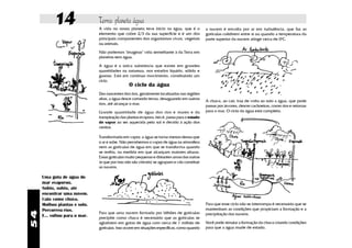 14                 Terra: planeta água
                               A vida no nosso planeta teve início na água, que é o            a nuvem é envolta por ar em turbulência, que faz as
                               elemento que cobre 2/3 da sua superfície e é um dos             gotículas colidirem entre si ou quando a temperatura da
                               principais componentes dos organismos vivos, vegetais           parte superior da nuvem atinge cerca de 0oC.
                               ou animais.

                               Não podemos "imaginar" vida semelhante à da Terra em
                               planetas sem água.

                               A água é a única substância que existe em grandes
                               quantidades na natureza, nos estados líquido, sólido e
                               gasoso. Está em contínuo movimento, constituindo um
                               ciclo.
                                                 O ciclo da água
                               Das nascentes dos rios, geralmente localizadas nas regiões
                               altas, a água desce cortando terras, desaguando em outros
                                                                                               A chuva, ao cair, traz de volta ao solo a água, que pode
                               rios, até alcançar o mar.
                                                                                               passar por árvores, descer cachoeiras, correr rios e retornar
                               Grande quantidade de água dos rios e mares e da                 para o mar. O ciclo da água está completo.
                               transpiração das plantas evapora, isto é, passa para o estado
                               de vapor ao ser aquecida pelo sol e devido à ação dos
                               ventos.

                               Transformada em vapor, a água se torna menos densa que
                               o ar e sobe. Não percebemos o vapor de água na atmosfera
                               nem as gotículas de água em que se transforma quando
                               se resfria, na medida em que alcançam maiores alturas.
                               Essas gotículas muito pequenas e distantes umas das outras
                               (e que por isso não são visíveis) se agrupam e vão constituir
                               as nuvens.

     Uma gota de água do
     mar evaporou.
     Subiu, subiu, até
     encontrar uma nuvem.
     Caiu como chuva.
     Molhou plantas e solo.                                                                    Para que esse ciclo não se interrompa é necessário que se
     Percorreu rios.                                                                           mantenham as condições que propiciam a formação e a
54




                               Para que uma nuvem formada por bilhões de gotículas             precipitação das nuvens.
     E... voltou para o mar.   precipite como chuva é necessário que as gotículas se
                               aglutinem em gotas de água com cerca de 1 milhão de             Você pode simular a formação da chuva criando condições
                               gotículas. Isso ocorre em situações específicas, como quando    para que a água mude de estado.
 