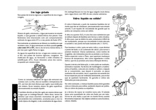 Um lago gelado                               Os icebergs flutuam no mar de água salgada (mais densa
                                                                   que a água doce) com 90% do seu volume submerso.
     Nos países de inverno rigoroso a superfície de rios e lagos
     congela.
                                                                              Vidro: líquido ou sólido?

                                                                   O vidro é fabricado a partir de materiais fundidos de tal
                                                                   modo que não se cristalizam, permanecendo num estado
                                                                   amorfo. É um líquido de viscosidade tão grande que na
                                                                   prática se comporta como um sólido.
     Abaixo do gelo, entretanto, a água permanece no estado
     líquido, o que garante a sobrevivência dos peixes. Esse       A sílica ou quartzo (SiO2) é uma das raras substâncias que
     fenômeno está relacionado com um comportamento                se esfriam depois de fundidas sem formar a rede cristalina.
     anômalo da água entre 4oC e o seu ponto de fusão (0oC).       A sílica pura, que se obtém da areia, entretanto é difícil de
                                                                   ser manipulada, porque sua viscosidade é muito elevada
     Normalmente as substâncias se dilatam na medida em que        e também o seu ponto de fusão bastante alto (1.723oC).
     recebem calor. A água entretanto se dilata quando perde
     calor entre 4oC e 0oC, isto é, ela se torna menos densa. É    Para baratear o vidro, junta-se soda à sílica, o que diminui
     por isso que o gelo flutua na água.                           o ponto de fusão, e cal (carbonato de cálcio), para tornar o
                                                                   produto insolúvel. Outras substâncias, como óxidos de
     As águas da superfície de rios e lagos em contato com o       magnésio, são misturadas para dar ao produto a cor branca.
     ar frio, nos países de inverno rigoroso, congelam. As         Vidros especiais como o Pirex, que suportam mudanças
     moléculas de água, ao formarem a rede cristalina na           bruscas de temperatura, têm como ingrediente o ácido
     solidificação (0oC), ficam distantes umas das outras,         bórico, que dá ao produto uma baixa dilatação térmica.
     ocupando um volume maior.
                                                                   Quanto à técnica de fabricação, o vidro pode ser moldado,
                                                                   laminado e soprado. Na técnica de modelagem a matéria-
                                                                   prima é fundida, colocada em moldes e sofrem a injeção
                                                                   de ar comprimido, que depois é extraído: as peças
                                                                   moldadas são recozidas, isto é, aquecidas novamente em
                                                                   fornos especiais para ser resfriadas lentamente, para evitar
                                                                   que se quebrem facilmente. As garrafas e vidros são
     Como as camadas inferiores de água não entraram em            fabricados por esse processo.
     contato com o ar frio, elas se mantêm à temperatura de
     4oC, por isso são mais densas que o gelo; suas moléculas      No vidro laminado, a mistura fundida passa entre grandes
     não sobem, ficam isoladas abaixo do gelo superficial,         rolos e é deixada para esfriar, podendo depois ser polida.
     permanecendo no estado líquido.                               São os vidros de janelas ou espelhos.

     É também devido ao fato de o gelo ser menos denso que         Já a técnica de soprar se constitui numa arte. O artesão
60




     a água que os icebergs flutuam. Além disso, temos de          sopra uma quantidade de vidro em fusão por um tubo.
     lembrar que essas enormes montanhas de gelo são               Forma-se uma bolha à qual ele vai dando forma usando
     provenientes dos continentes, arrastadas para o mar no        ferramentas especiais. São objetos artísticos como licoreiras,
     verão (época do degelo), e são constituídas de água doce.     cálices, bibelôs.
 