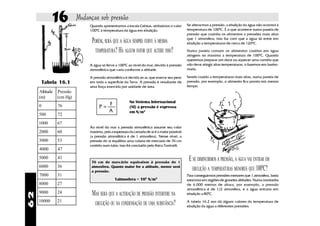 16           Mudanças sob pressão
                               Quando apresentamos a escala Celsius, atribuímos o valor       Se alterarmos a pressão, a ebulição da água não ocorrerá à
                               1000C à temperatura da água em ebulição.                       temperatura de 1000C. É o que acontece numa panela de
                                                                                              pressão que cozinha os alimentos a pressões mais altas
                                                                                              que 1 atmosfera; isso faz com que a água só entre em
                                PORÉM, SERÁ QUE A ÁGUA SEMPRE FERVE À MESMA                   ebulição a temperaturas de cerca de 1200C.

                                  TEMPERATURA? HÁ ALGUM FATOR QUE ALTERE ISSO?                Numa panela comum os alimentos cozidos em água
                                                                                              atingem no máximo a temperatura de 1000C. Quando
                                                                                              queremos preparar um doce ou aquecer uma comida que
                               A água só ferve a 1000C ao nível do mar, devido à pressão      não deve atingir altas temperaturas, o fazemos em banho-
                               atmosférica que varia conforme a altitude.                     maria.

                               A pressão atmosférica é devida ao ar, que exerce seu peso      Sendo cozido a temperaturas mais altas, numa panela de
         Tabela 16.1           em toda a superfície da Terra. A pressão é resultante de       pressão, por exemplo, o alimento fica pronto em menos
                               uma força exercida por unidade de área.                        tempo.
     Altitude   Pressão
     (m)        (cm Hg)
                                                        No Sistema Internacional
     0          76                   P= F               (SI) a pressão é expressa
                                        A               em N/m2
     500        72
     1000       67
                               Ao nível do mar a pressão atmosférica assume seu valor
     2000       60             máximo, pois a espessura da camada de ar é a maior possível
                               (a pressão atmosférica é de 1 atmosfera). Nesse nível, a
     3000       53             pressão do ar equilibra uma coluna de mercúrio de 76 cm
                               contido num tubo; isso foi concluído pelo físico Torricelli.
     4000       47
     5000       41
                                76 cm de mercúrio equivalem à pressão de 1
                                                                                               E SE DIMINUIRMOS A PRESSÃO, A ÁGUA VAI ENTRAR EM
     6000       36              atmosfera. Quanto maior for a altitude, menor será
                                a pressão.
                                                                                                 EBULIÇÃO A TEMPERATURAS MENORES QUE 1000C?
     7000       31                                                                            Para conseguirmos pressões menores que 1 atmosfera, basta
                                               1atmosfera = 105 N/m2                          estarmos em regiões de grandes altitudes. Numa montanha
     8000       27                                                                            de 6.000 metros de altura, por exemplo, a pressão
                                                                                              atmosférica é de 1/2 atmosfera, e a água entraria em
     9000       24              MAS SERÁ QUE A ALTERAÇÃO DE PRESSÃO INTERFERE NA
62




                                                                                              ebulição a 800C.
     10000      21
                                 EBULIÇÃO OU NA CONDENSAÇÃO DE UMA SUBSTÂNCIA?                A tabela 16.2 nos dá alguns valores da temperatura de
                                                                                              ebulição da água a diferentes pressões.
 