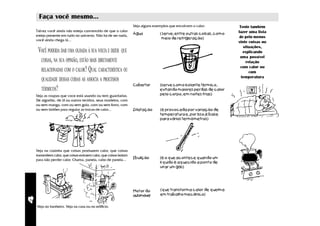 Faça você mesmo...
                                                                    Veja alguns exemplos que envolvem o calor:           Tente também
    Talvez você ainda não esteja convencido de que o calor                                                              fazer uma lista
    esteja presente em tudo no universo. Não há de ser nada,        Água           ( serve, entre outras coisas, como
                                                                                    meio de refrigeração)                de pelo menos
    você ainda chega lá...
                                                                                                                        vinte coisas ou
                                                                                                                           situações,
     VOCÊ PODERIA DAR UMA OLHADA À SUA VOLTA E DIZER QUE                                                                   explicando
                                                                                                                         uma possível
      COISAS, NA SUA OPINIÃO, ESTÃO MAIS DIRETAMENTE                                                                        relação
                                                                                                                         com calor ou
      RELACIONADAS COM O CALOR? QUAL CARACTERÍSTICA OU                                                                        com
                                                                                                                          temperatura
       QUALIDADE DESSAS COISAS AS ASSOCIA A PROCESSOS
                                                                    Cobertor       (serve como isolante térmico,
       TÉRMICOS?                                                                   evitando maiores perdas de calor
    Veja as roupas que voce está usando ou tem guardadas.                          pelo corpo, em noites frias)
    De algodão, de lã ou outros tecidos, seus modelos, com
    ou sem manga, com ou sem gola, com ou sem forro, com
    ou sem botões para regular as trocas de calor...                Dilatação      (é provocada por variação de
                                                                                   temperatura e, por isso,é base
                                                                                   para vários termômetros)




    Veja na cozinha que coisas produzem calor, que coisas
    transmitem calor, que coisas extraem calor, que coisas isolam
                                                                    Ebulição       (é o que acontece quando um
    para não perder calor. Chama, panela, cabo de panela...
                                                                                   líquido é aquecido a ponto de
                                                                                   virar um gás)




                                                                    Motor do       (que transforma calor de queima
                                                                    automóvel      em trabalho mecânico)
4




    Veja no banheiro. Veja na casa ou no edifício.
 