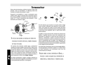 Termonuclear
     Numa usina termonuclear a turbina é movida a vapor a alta
     pressão, como na termelétrica. A diferença entre elas
     consiste na maneira de produzir o vapor.

     Enquanto na termelétrica o vapor é produzido numa
     caldeira onde a água é aquecida pela combustão externa
     de carvão ou petróleo, na nuclear é um reator que utiliza o
     urânio (U235) como combustível para produzir o calor
     necessário para aquecer a água.



                                                                     Os três nêutrons que resultam da reação podem atingir
                                                                     outros núcleos, liberando mais nêutrons e provocando,
                                                                     assim, uma reação em cadeia. Se essa reação não fosse
                                                                     controlada, liberaria instantaneamente uma grande energia
                                                                     e provocaria uma explosão, que é o que ocorre numa
                                                                     bomba atômica.

                                                                     A grafite e as barras de boro têm a função de controlar essa
                                                                     reação. A grafite funciona como um moderador que
                                                                     desacelera os nêutrons; as barras de boro absorvem os
                                                                     nêutrons, controlando a reação. As barras de boro são
      NO NÚCLEO DOS REATORES AS PASTILHAS DE URÂNIO SÃO              colocadas no núcleo do reator ou retiradas para produzir o
                                                                     calor na quantidade que se deseja, com segurança. As
       COLOCADAS EM HASTES METÁLICAS, TAMBÉM CHAMADAS                outras partes da usina termonuclear (turbina, condensador
                                                                     e válvula) funcionam tal como uma termelétrica, guardando
       DE PILHAS NUCLEARES.                                          é claro algumas particularidades.
     Os núcleos dos reatores contêm água, combustível                Em nossos dias consumimos cada vez mais energia elétrica.
     (pastilhas de urânio), grafite e barras de boro. Neles ocorre   As usinas geradoras, entretanto, poluem o ar, causam danos
     uma reação nuclear, isto é, o átomo de urânio é quebrado        ao meio ambiente e se constituem num risco de
     quando um nêutron se choca com o seu núcleo, dando              contaminação por radiação.
     origem aos núcleos de bário e criptônio e mais três neu-
     trons. É esta a função do reator: bombardear núcleos de
     urânio com nêutrons para provocar a quebra do urânio, o          PESQUISE SOBRE AS USINAS CONSTRUÍDAS NO BRASIL, A
     que é expresso na Física como fissão núclear.
76




                                                                        POLUIÇÃO E DANOS CAUSADOS PELAS CONSTRUÇÕES DE
     Na reação apresentada a seguir a energia é liberada na
     forma de ondas eletromagnéticas semelhantes aos raios X            HIDRELÉTRICAS, TERMELÉTRICAS E TERMONUCLEARES.
     e mais penetrantes que eles, os raios gama.
 