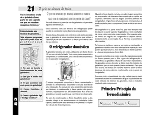 21           O gelo ao alcance de todos
                                 O QUE UM APARELHO QUE RESFRIA ALIMENTOS E FABRICA            Quando o freon líquido e a baixa pressão chega à serpentina
     Você estranhou o fato
                                                                                              do evaporador, de diâmetro bem maior que o capilar, se
     de a geladeira fazer
     parte de um capítulo         GELO TEM DE SEMELHANTE COM UM MOTOR DE CARRO?               vaporiza, retirando calor da região próxima (interior do
                                                                                              congelador). O gás freon a baixa pressão e temperatura é
     em que se estudam          Se você observar a parte de trás da geladeira vai perceber    então aspirado para o compressor, onde se inicia um novo
     máquinas térmicas?         algumas semelhanças.                                          ciclo.
                                Uma conversa com um técnico em refrigeração pode              O congelador é a parte mais fria, por isso sempre está
     Entrevistando um           auxiliá-lo a entender como funciona uma geladeira.            localizado na parte superior da geladeira, e tem condições
     técnico de geladeira...                                                                  de trocar calor com todo o seu interior. O ar quente sobe,
                                Depois dessa discussão com o técnico você pode perceber
     Veja algumas perguntas     que a geladeira é uma máquina térmica que utiliza a           se resfria na região do congelador e depois desce,
     que você pode fazer ao     vaporização de uma substância (o freon) para retirar calor    estabelecendo a convecção do ar. Por isso as prateleiras
     p r o f i s s i o n a l    do seu interior.                                              são vazadas.
     entrevistado:
                                                                                              Tal como na turbina a vapor e no motor a combustão, a
                                    O refrigerador doméstico                                  geladeira trabalha com uma substância de operação, tem
                                                                                              partes que funcionam a altas temperaturas (fonte quente )
                                A geladeira funciona em ciclos, utilizando um fluido (freon   e a baixas temperaturas (fonte fria).
                                12) em um circuito fechado. Tem como partes essenciais o
                                compressor, o condensador, uma válvula descompressora         Enquanto na turbina e no motor o calor flui espontaneamente
                                e o evaporador (congelador).                                  da fonte quente para a fria (água de refrigeração e
                                                                                              atmosfera), na geladeira o fluxo de calor não é espontâneo.
                                                                                              Na geladeira a troca de calor se dá do mais frio (interior da
                                                                                              geladeira) para o mais quente (meio ambiente). Para que
     1) No que se baseia o                                                                    isso ocorra, se realiza um trabalho externo sobre o freon
     funcionamento de uma                                                                     para que ele perca calor no condensador e se evapore no
     geladeira?                                                                               congelador.

     2) Que gás é usado nas                                                                   Em cada ciclo, a quantidade de calor cedida para o meio
     geladeiras?                                                                              ambiente através do condensador é igual à quantidade de
                                                                                              calor retirada do interior da geladeira, mais o trabalho
     3) O que acontece em       O motor compressor comprime o freon, aumentando a             realizado pelo compressor.
     cada parte da geladeira?   pressão e a temperatura e fazendo-o circular através de
                                uma tubulação. Ao passar por uma serpentina permeada
     4) Como funciona o
     freezer?
                                por lâminas, o condensador, o freon perde calor para o
                                exterior, liquefazendo-se. O condensador fica atrás da
                                                                                                      Primeiro Princípio da
     5) Como a geladeira liga
                                geladeira; é a parte quente que você deve ter observado.
                                                                                                         Termodinâmica
     e desliga sozinha?         Ao sair do condensador, o freon liquefeito ainda a alta
82




                                pressão chega a um estreitamento da tubulação (tubo
                                capilar), onde ocorre uma diminuição da pressão. O capilar
                                é a válvula de descompressão.
                                                                                                    Qcondensador = Qcongelador +        τcompressor
 