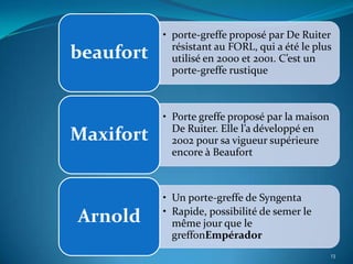 • porte-greffe proposé par De Ruiter
             résistant au FORL, qui a été le plus
beaufort     utilisé en 2000 et 2001. C’est un
             porte-greffe rustique



           • Porte greffe proposé par la maison
             De Ruiter. Elle l’a développé en
Maxifort     2002 pour sa vigueur supérieure
             encore à Beaufort



           • Un porte-greffe de Syngenta
           • Rapide, possibilité de semer le
Arnold       même jour que le
             greffonEmpérador
                                                  13
 
